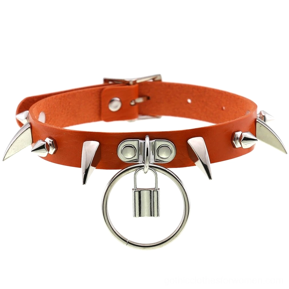 Orange spiked PU leather gothic choker with metal lock pendant and adjustable strap