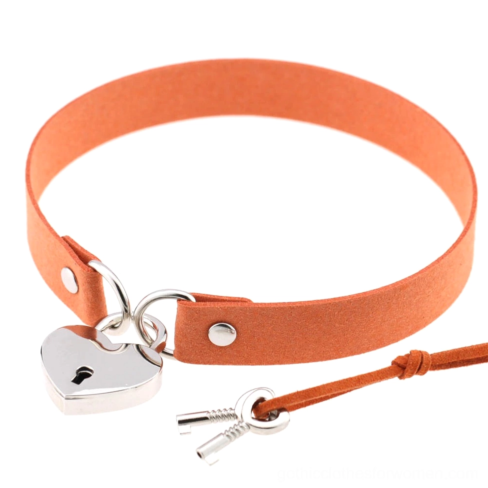 Orange suede steampunk choker with silver heart padlock detail - alternative fashion piece