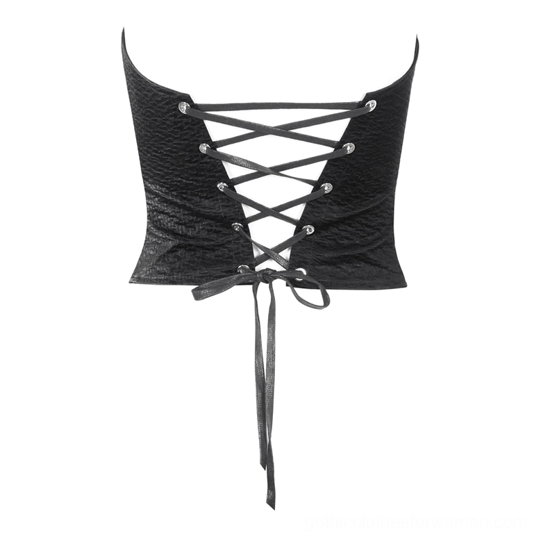 Back flat lay of gothic corset showing lace-up closure and drawstring detail