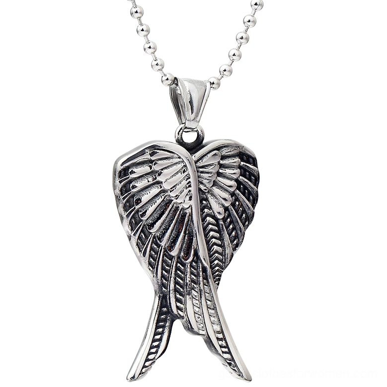 Overlapping Angel Wings Gothic Pendant Necklace - Antique Silver Stainless Steel with Carved Feather Details, Front Overhead View