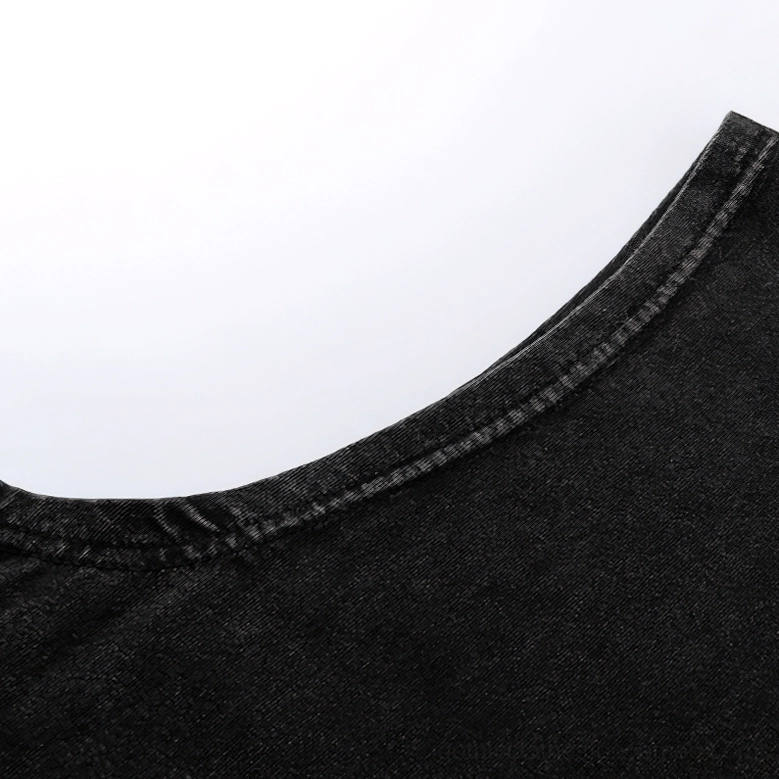 Oversized black gothic graphic tank top flat lay display, complete front view with crew neck and sleeveless design