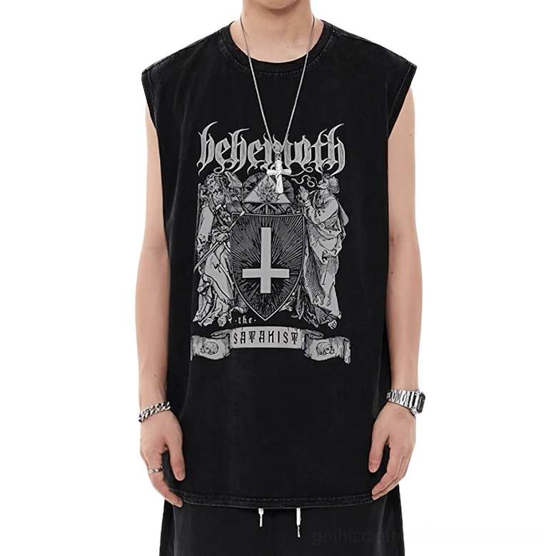 Oversized black gothic graphic tank top larger size fit, washed cotton sleeveless design XXL 3XL