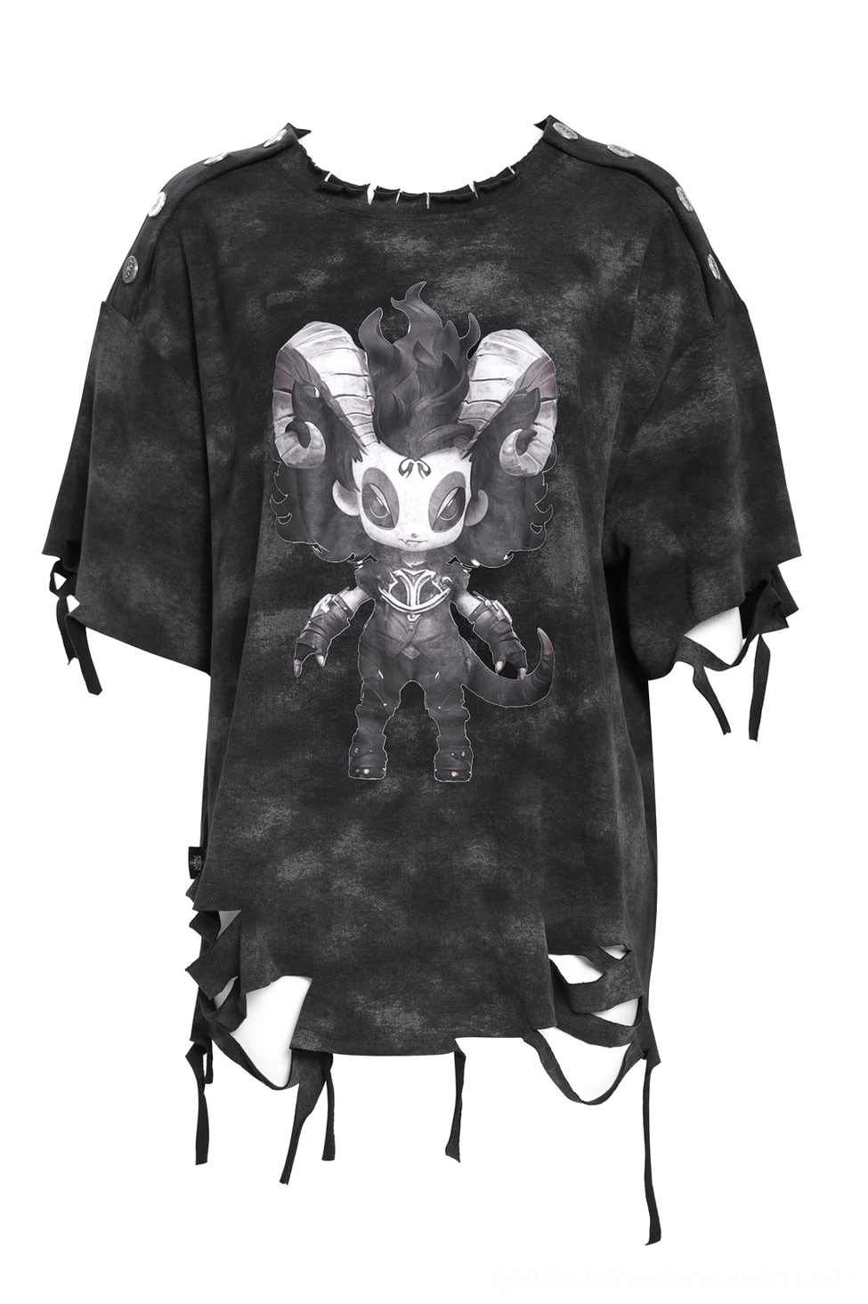 Loose fit distressed demon graphic gothic t-shirt front flat lay showing torn side hems and oversized silhouette