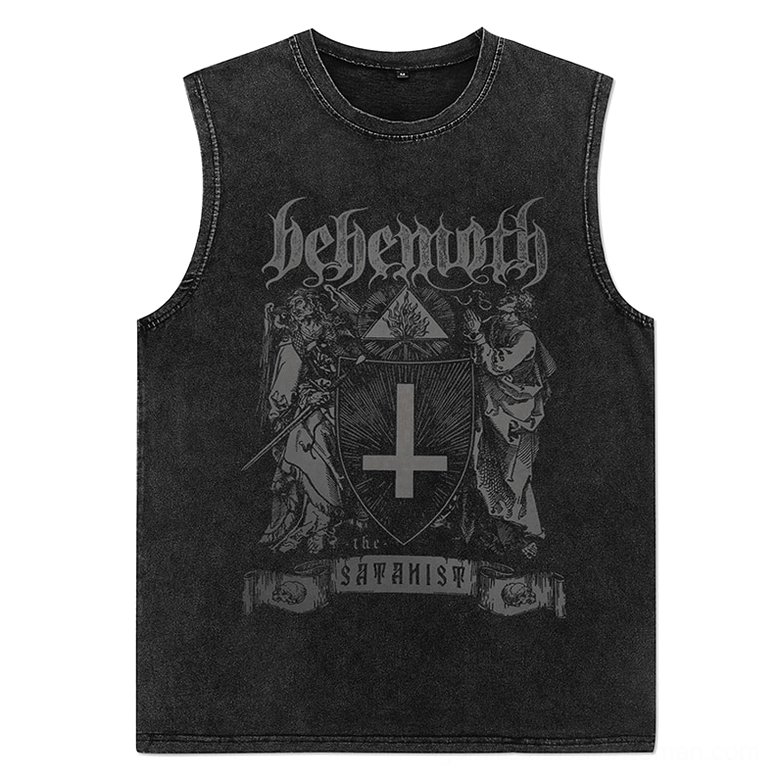 Flat lay black gothic graphic tank top front view, oversized washed cotton sleeveless with religious print design