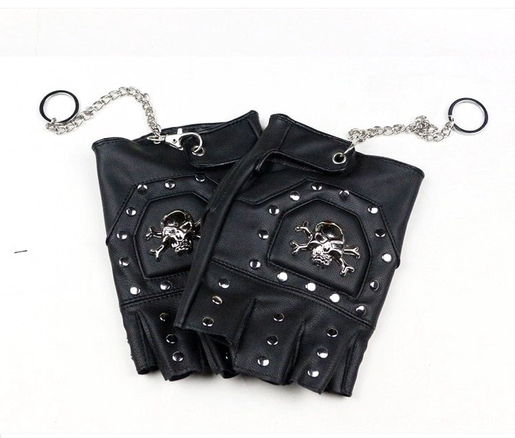 Pair of half-finger punk gloves flat lay display with paired chain accessories and metal rivets - front view