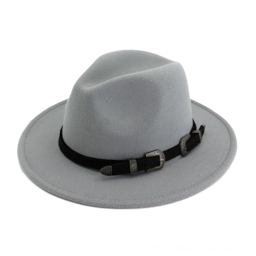 Pale light grey gothic fedora hat with soft felt material and western-style buckle belt