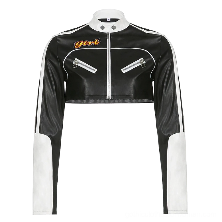 Full front view of black and white patchwork cropped biker jacket on display mannequin, showing front zipper closure