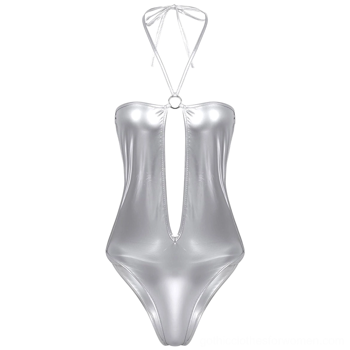 Patent leather bodysuit side cutout detail, adjustable halter strap, gothic fashion