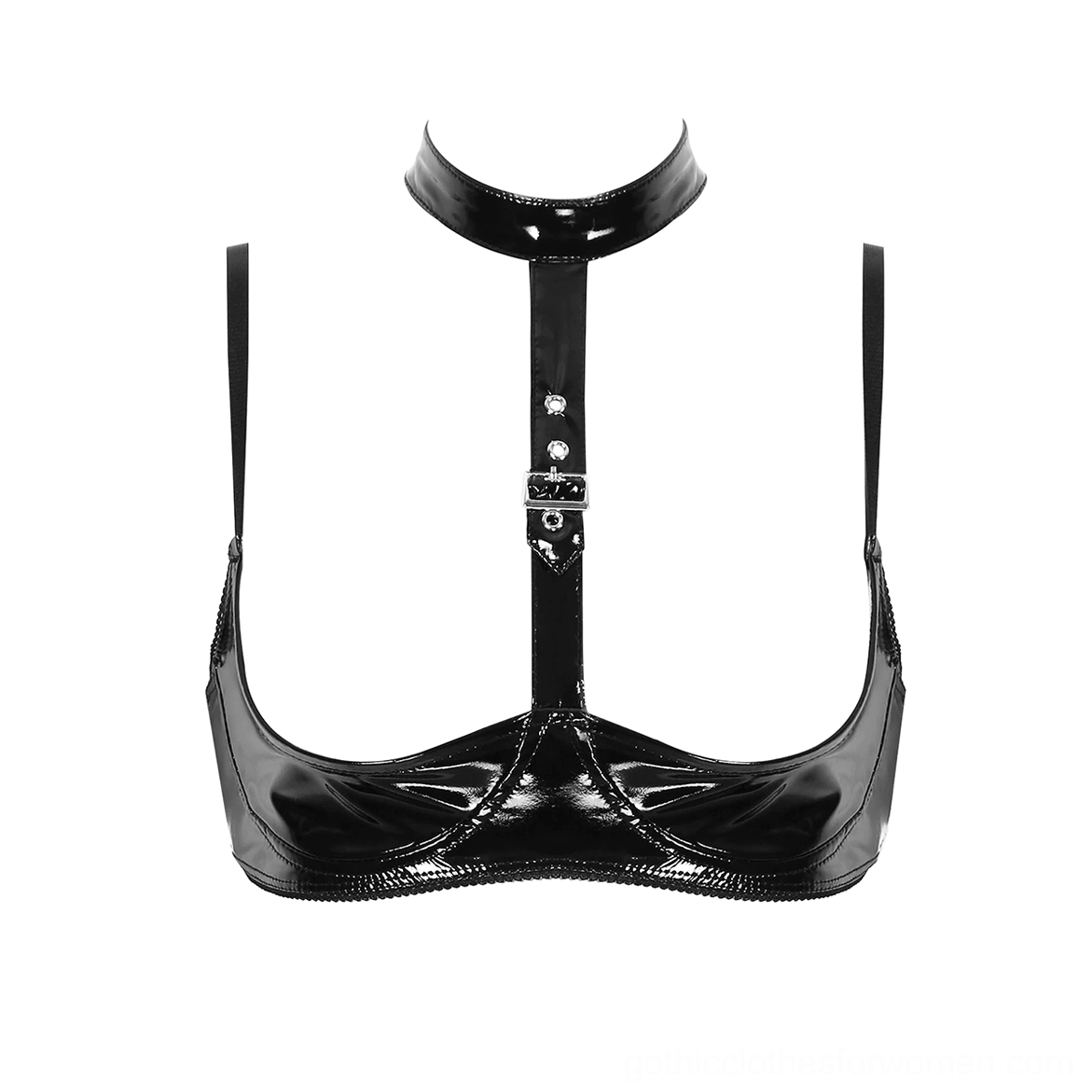 Patent leather shelf bra flat lay front view on mannequin showing black glossy finish and underwire cups