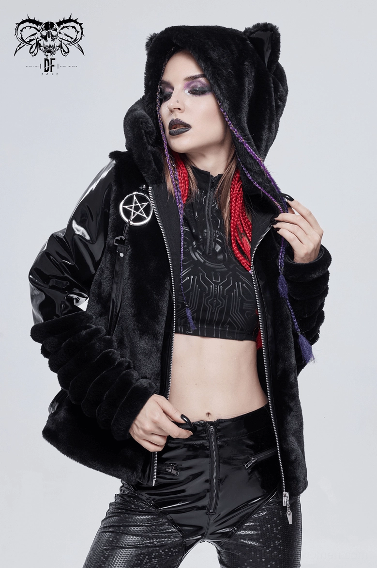 Close-up of patent leather cat ear hood construction on black fuzzy gothic jacket