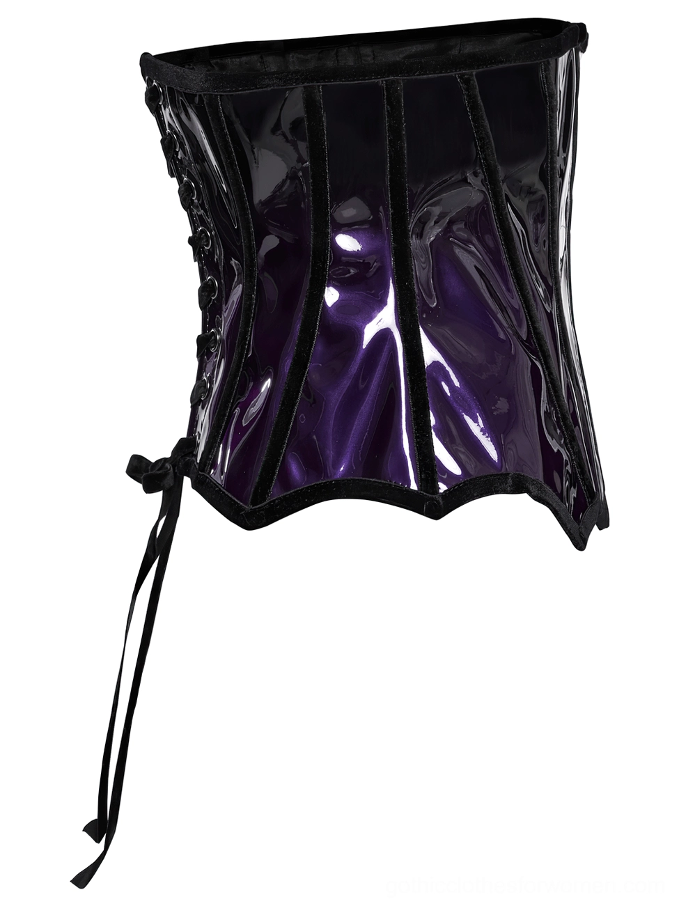 Patent leather underbust corset side view flat lay, displaying side lace-up tie and soft velvet binding trim detail