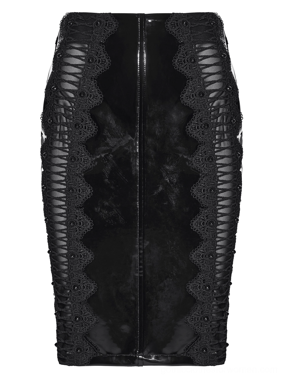Black patent leather gothic skirt front flat lay showing cutout sides with lace trim and glossy finish