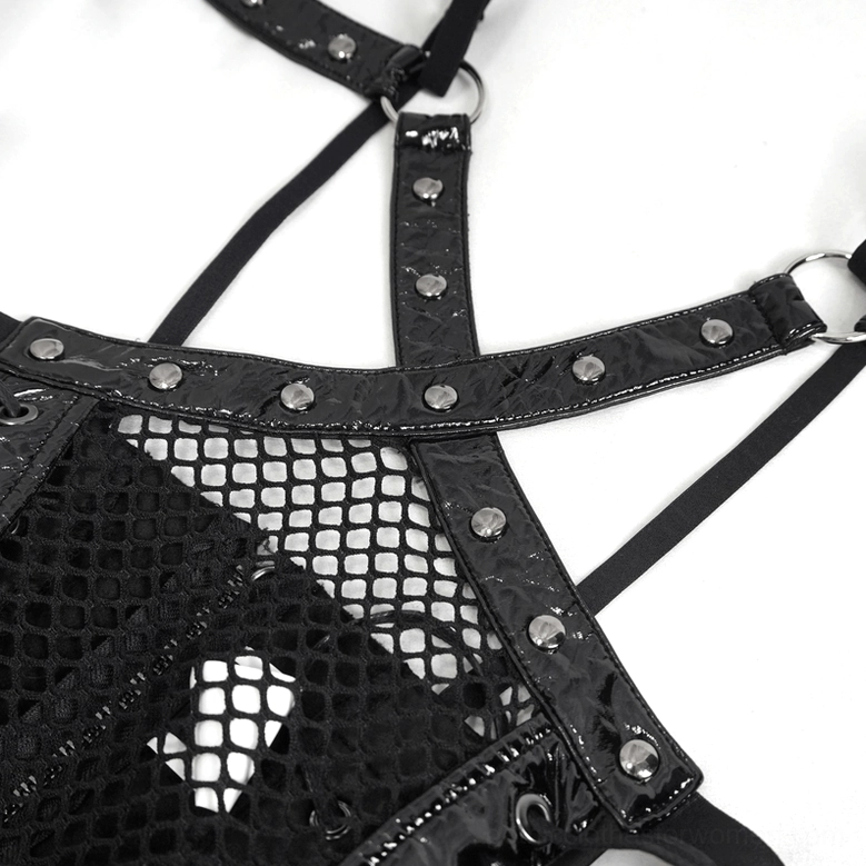 Black patent leather and mesh gothic bodysuit - rear detail showing lace-up back and briefs