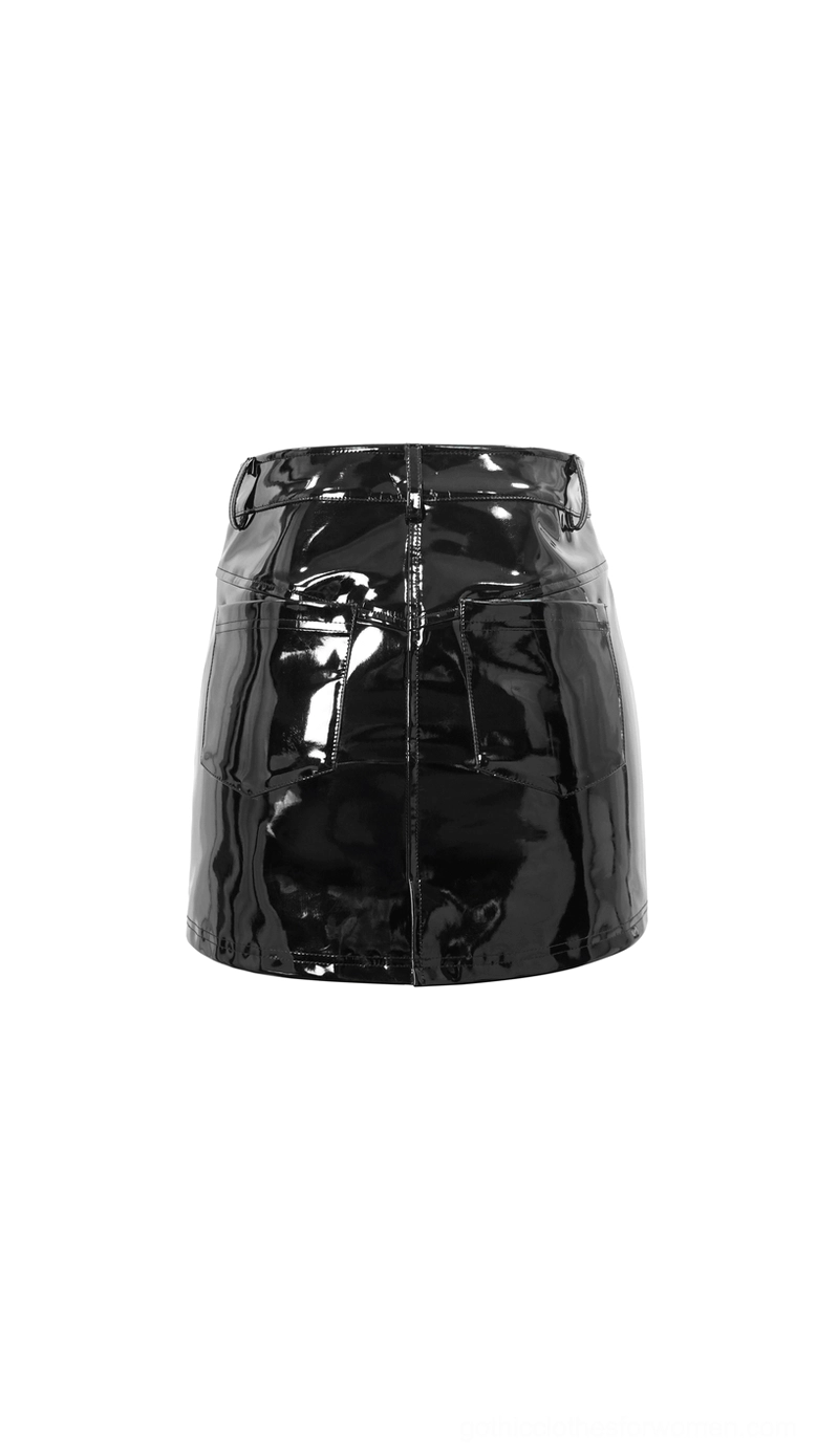 Side profile of black glossy vinyl mini skirt displaying sleek slim-fit silhouette and shiny patent leather texture
