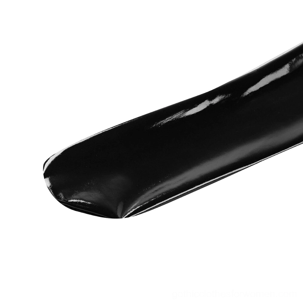 Close-up toe detail of black patent leather stockings showing seamless closed-toe construction and smooth glossy texture