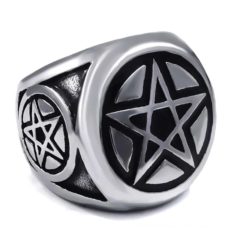 Black pentagram biker ring front view with dual star engravings on silver-black two-tone metal finish