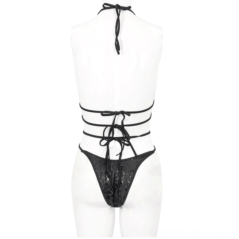 Pentagram bikini set rear mannequin display showing halter neck tie and lace-up style waist straps with gothic aesthetics
