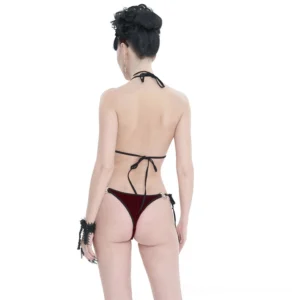 Wine red pentagram bikini rear back view, showing tie-back halter straps and low-rise tie-side bottom design