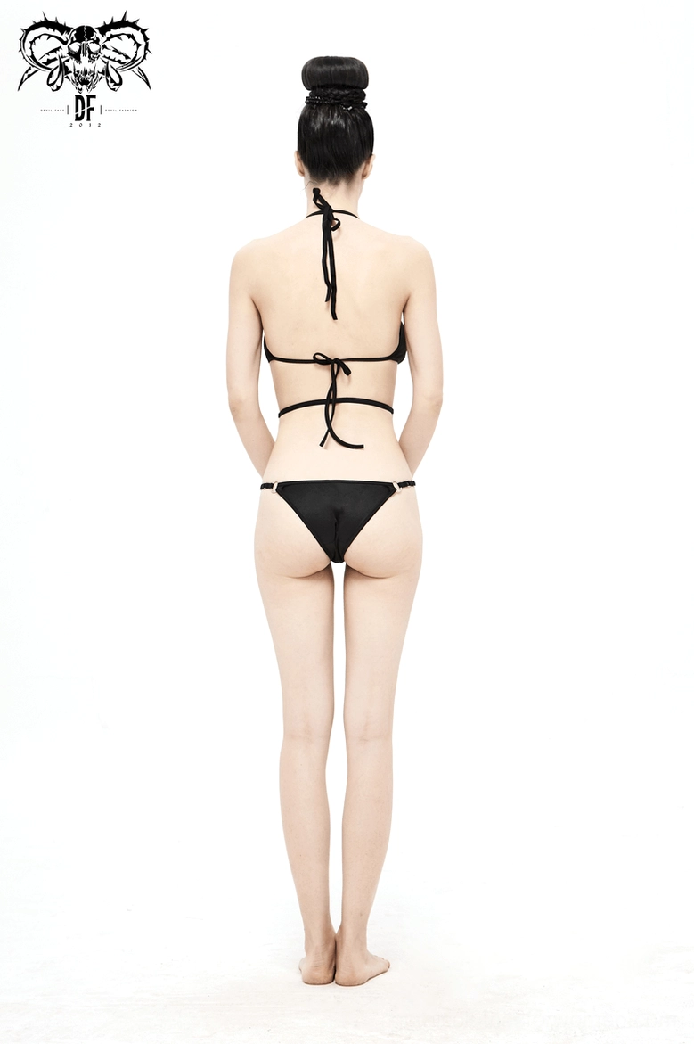 Gothic swimwear pentagram bikini detail shot highlighting metal ring accents and alternative fashion aesthetic