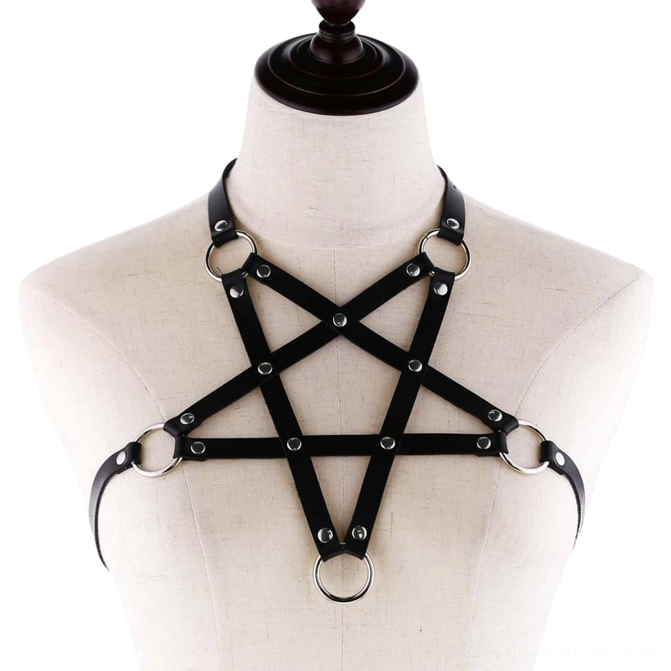 Black pentagram PU leather body harness with silver metal rings worn on dress form, front view