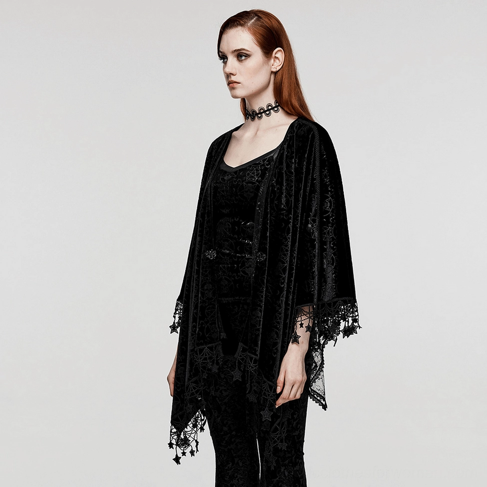 Pentagram cape in soft embossed velvet with dramatic pointed hem and flexible star tassel details