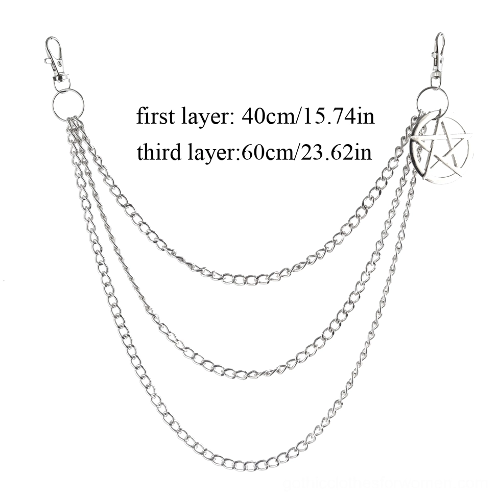 Pentagram pants chain with size measurement label, triple chains and pentagram charm, flat lay on white background