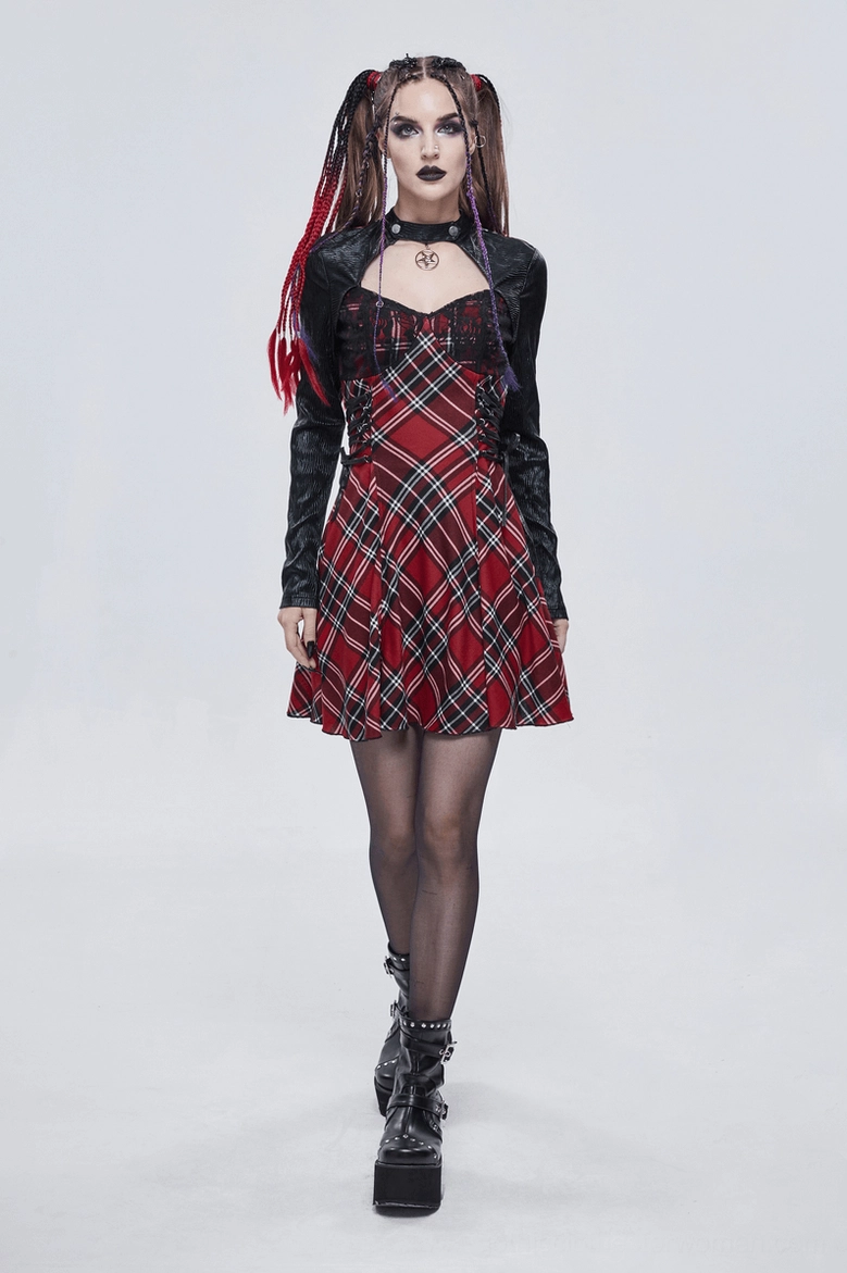 Black and red pentagram gothic plaid dress close-up detail - collar embellishment and neckline focus