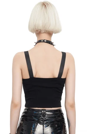 Black occult-inspired crop top with pentagram zipper shown from behind, rear model view