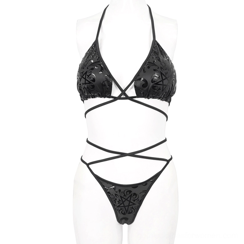 Black pentagram gothic bikini set on mannequin front display showing shiny embossed five-pointed star pattern and body crisscross straps