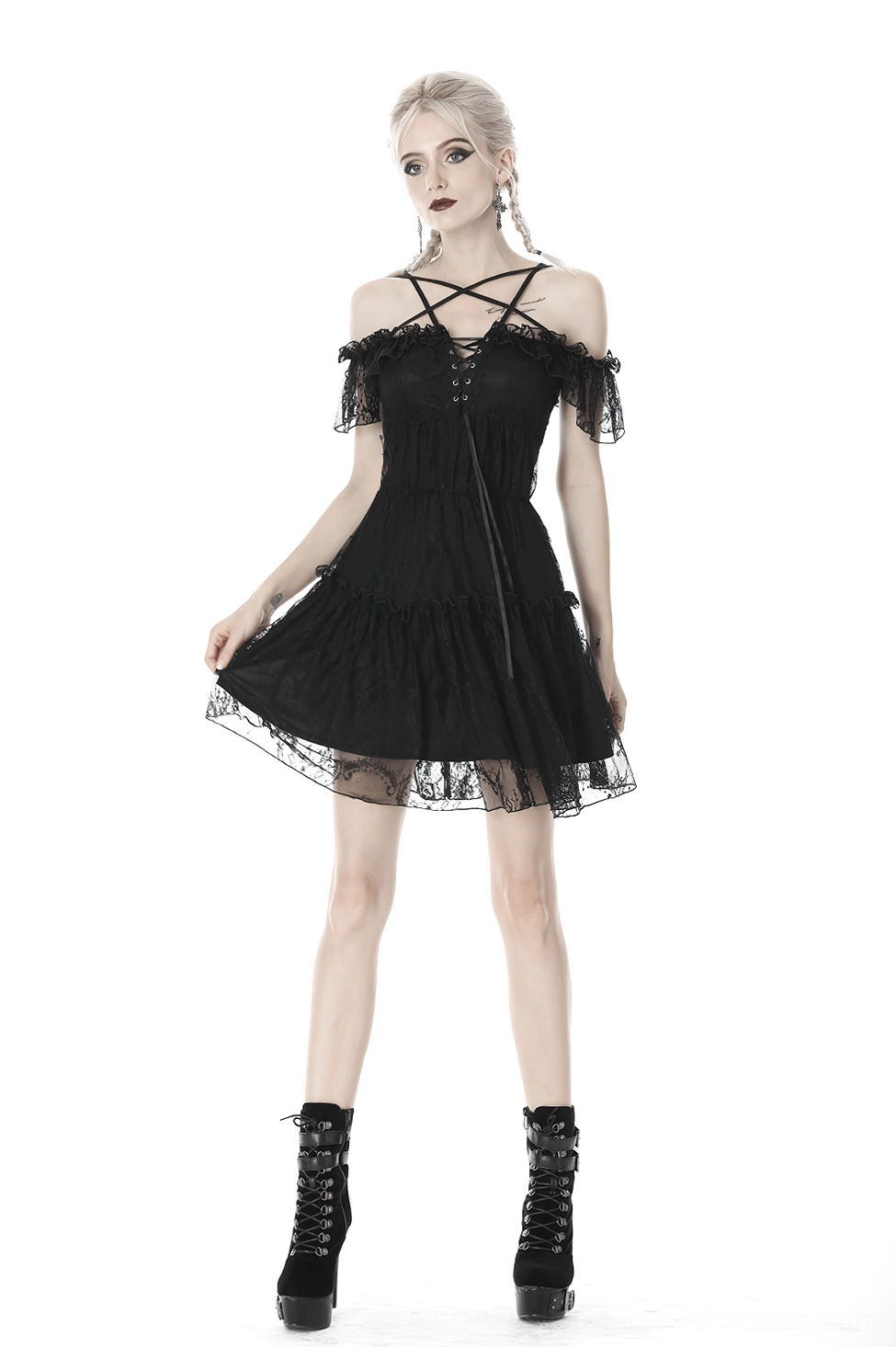 Alternative angle of black pentagram lace off-shoulder dress showing design elements