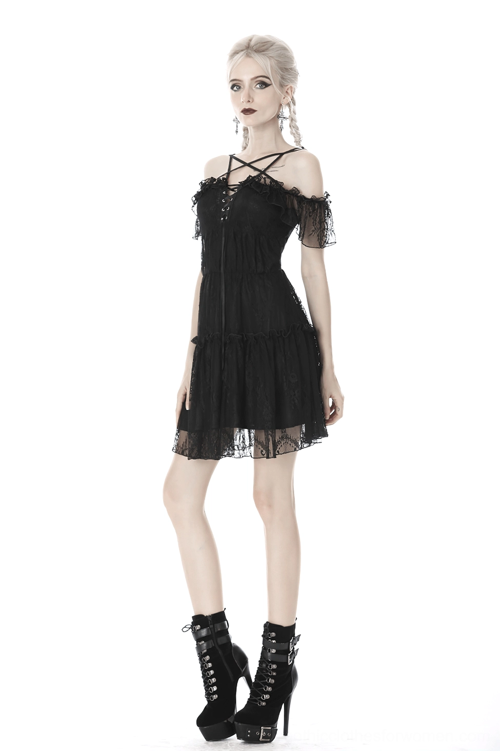 Full styling view of black pentagram off-shoulder lace dress with accessories pairing