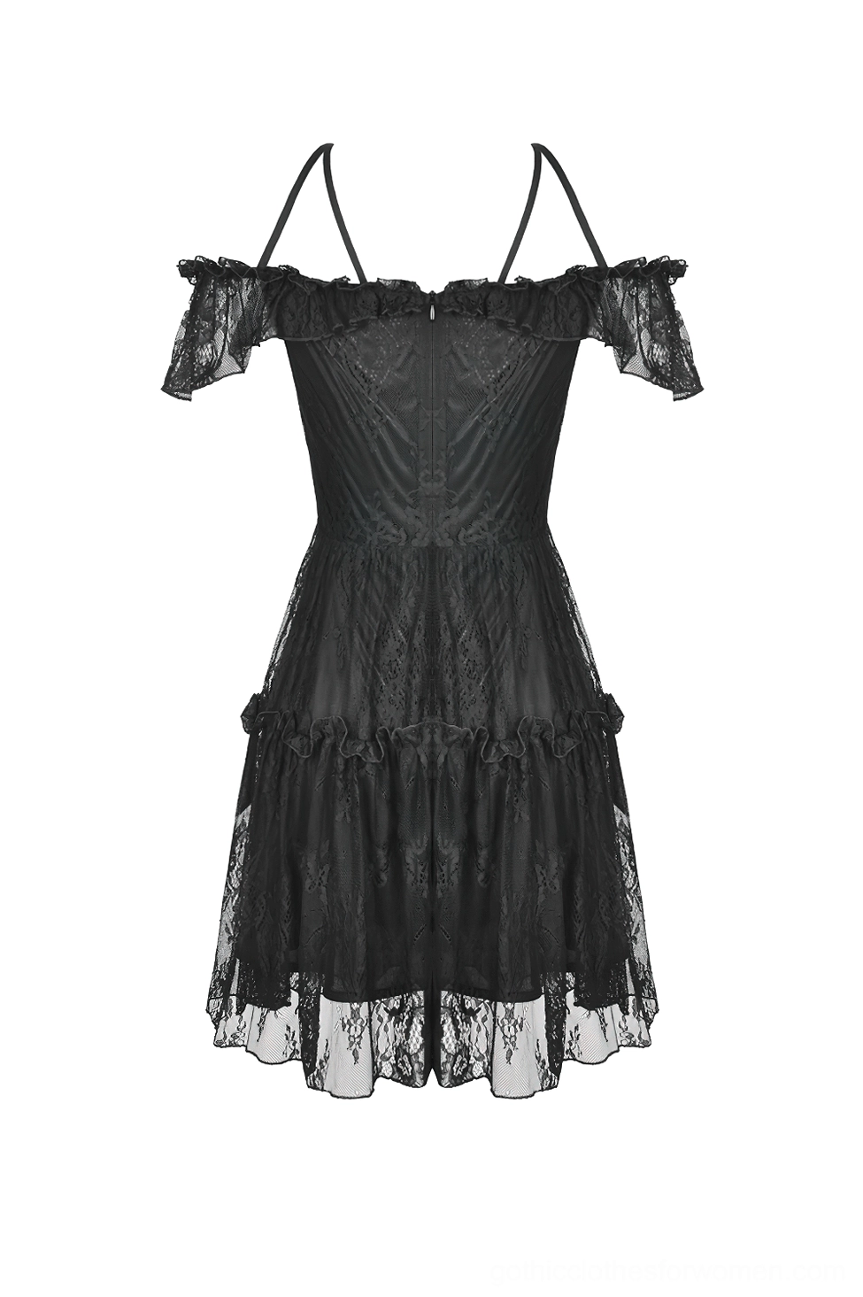 Black pentagram lace dress rear flat display showing spaghetti straps and sheer mesh hem