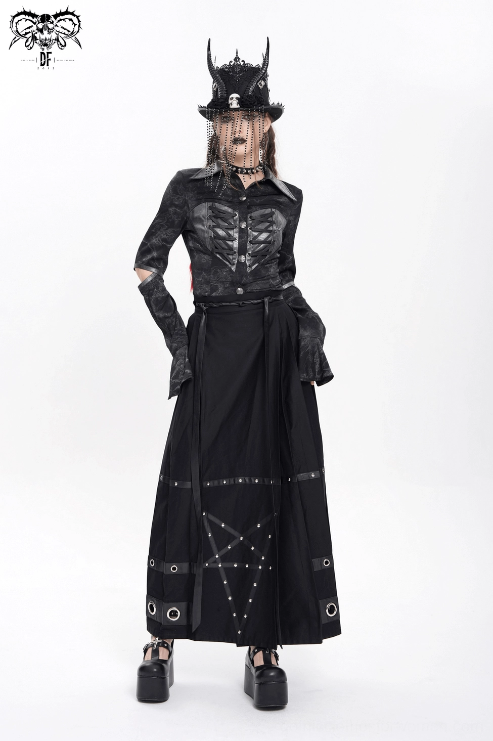 Pentagram gothic floor-length maxi skirt showing full silhouette with metal grommet accents and pentagram straps