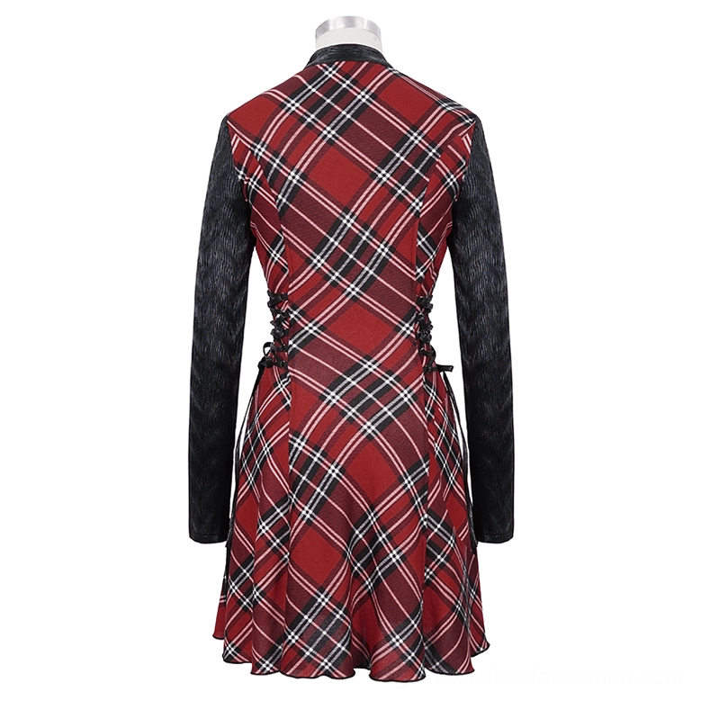 Black and red tartan gothic dress back mannequin display - red tartan panels and faux leather sleeves