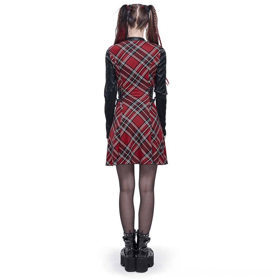 Black and red tartan gothic dress back view - female model wearing platform boots and sheer tights
