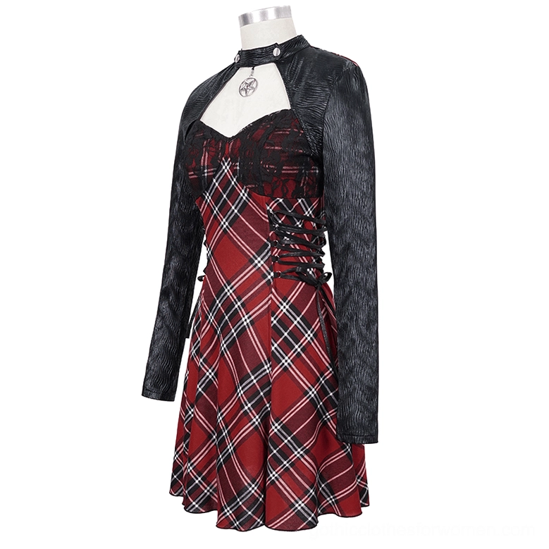 Black and red pentagram gothic plaid dress on mannequin - front static display with faux leather sleeves