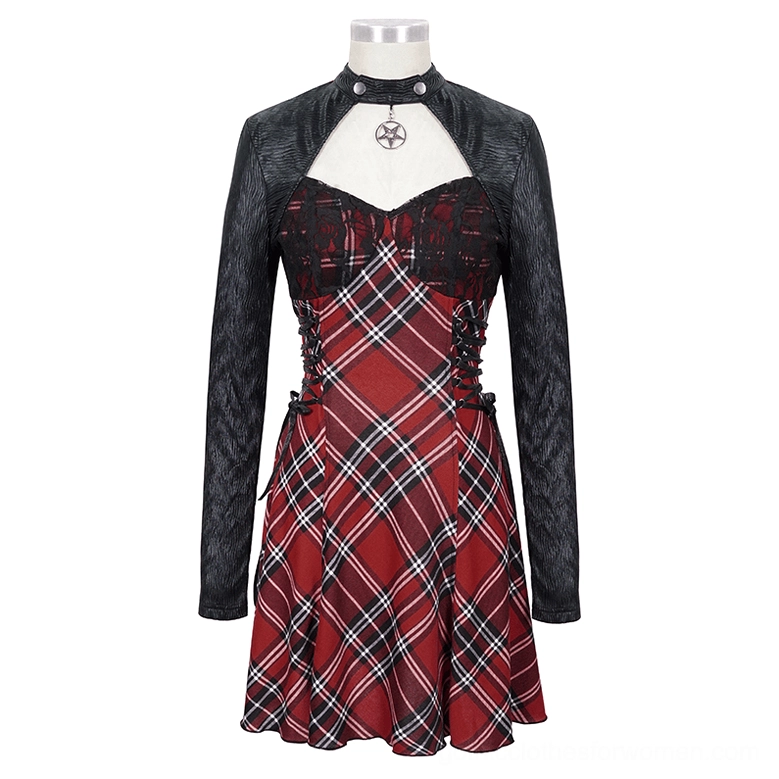 Black and red pentagram gothic plaid dress mannequin front - side lace details and collar embellishment