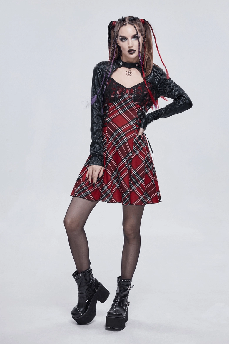 Black and red gothic plaid dress mannequin side view - pentagram collar and faux leather contrast sleeves