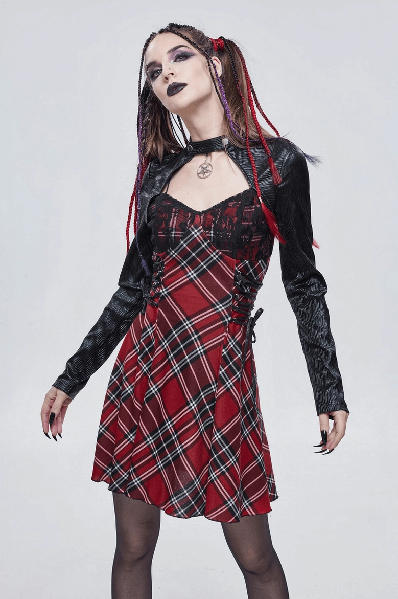Black and red gothic plaid dress side three-quarter view on model - loose faux leather sleeves detail