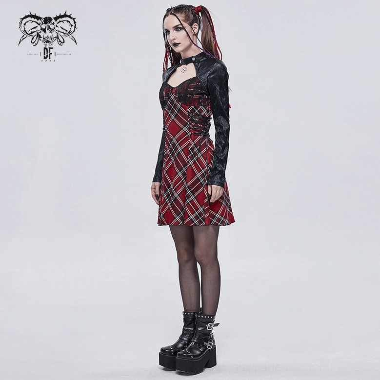 Black and red gothic plaid dress side view on female model - gothic makeup and platform boots styling