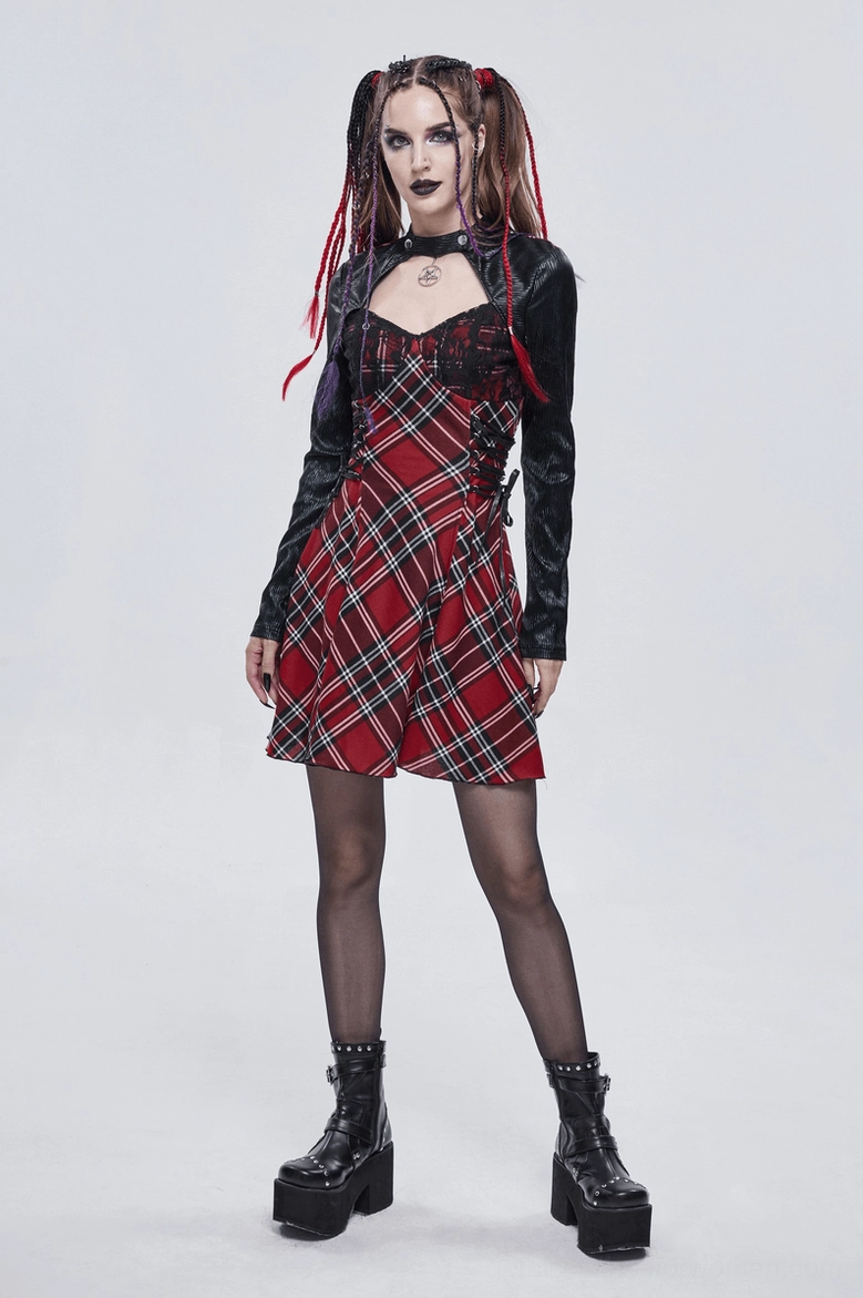 Black and red pentagram gothic plaid dress styling inspiration - alternative fashion model pose