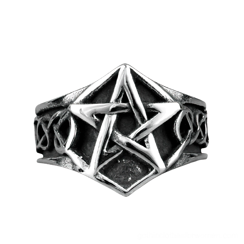 Stainless steel pentagram ring front close-up view, showing detailed vintage silver-black finish and five-pointed star design with Celtic knotwork trim