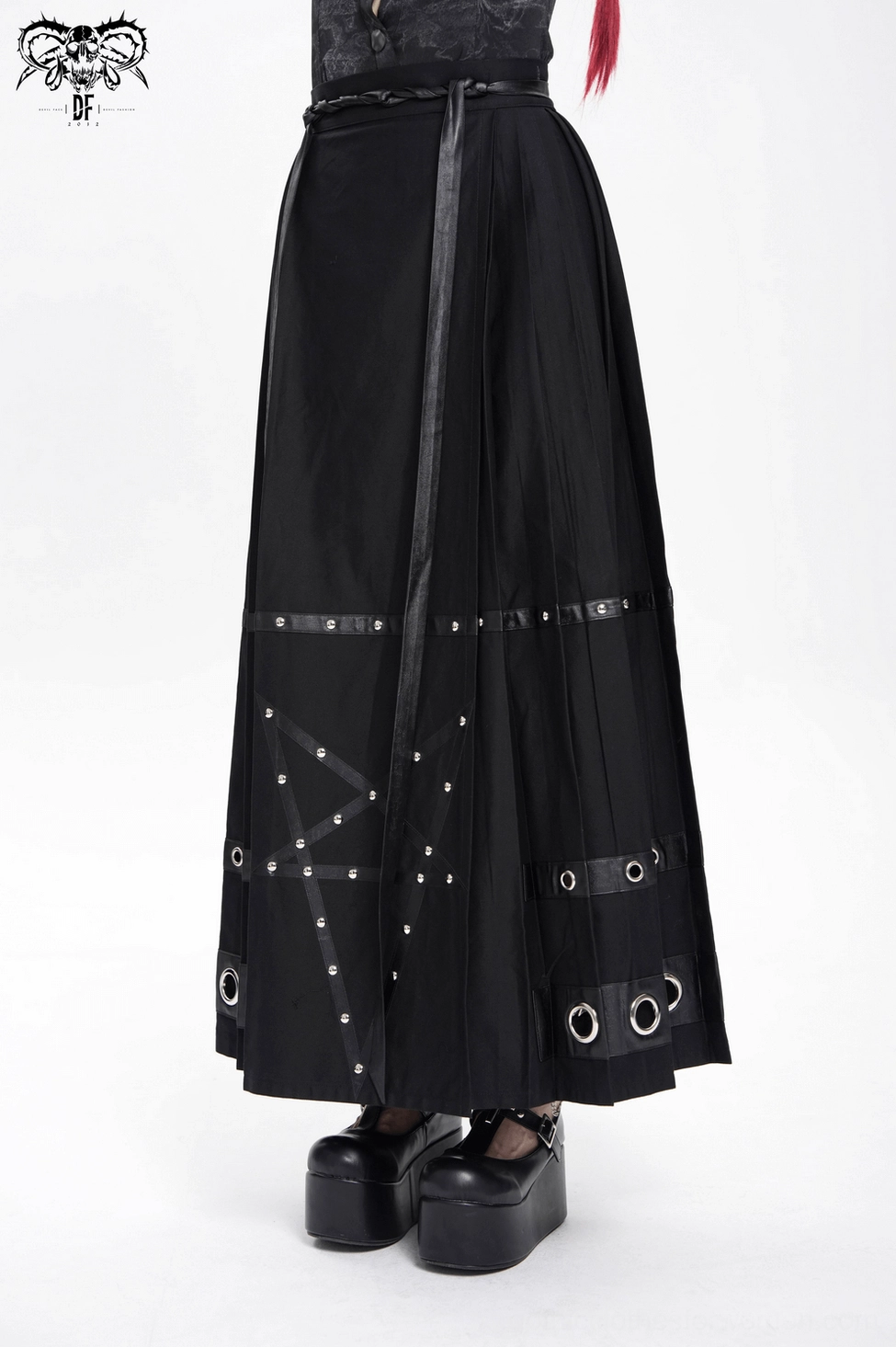 Pentagram gothic maxi skirt detail view showing faux leather construction and metal grommet embellishments