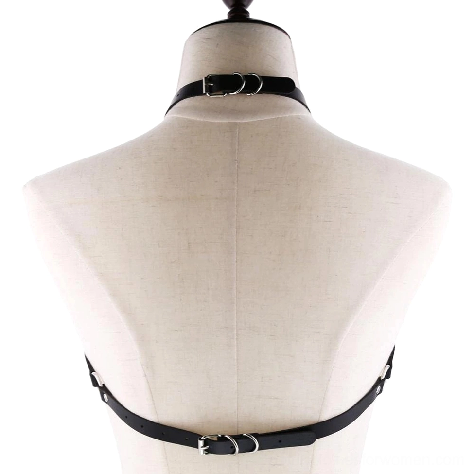Black PU leather pentagram body harness back view showing adjustable buckles and strap construction
