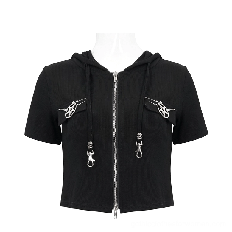 Black pentagram zip hooded crop top flat lay front view showing pentagram pocket badges and drawstring hood with metal clips
