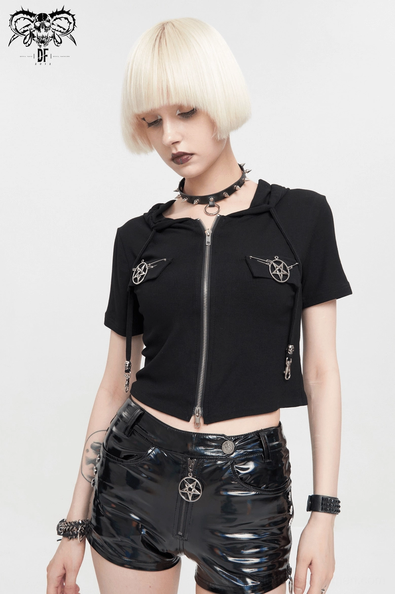 Black pentagram hooded crop top front angled view on goth model showing tight cropped fit and goth hardware details