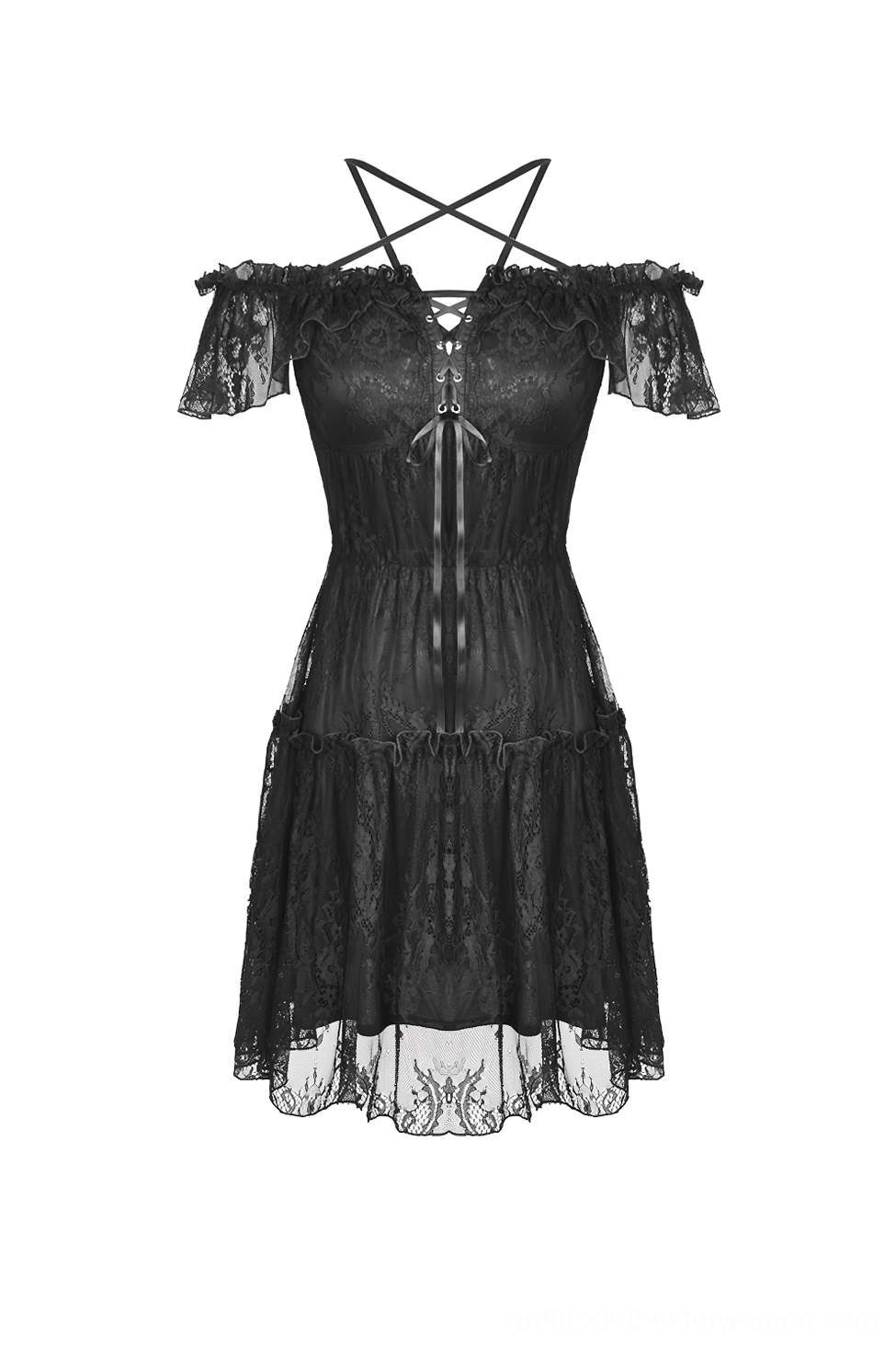 Black gothic lace mini dress flat lay display with pentagram back straps and tiered skirt
