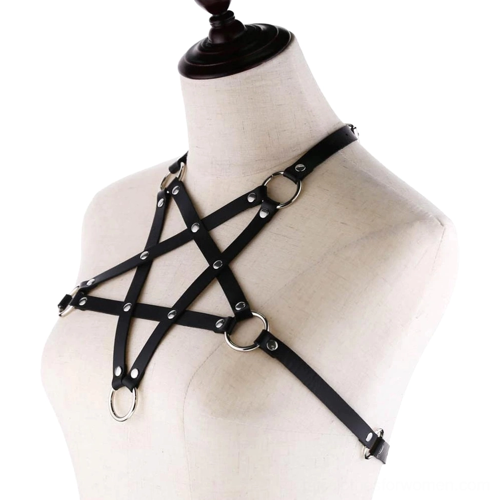 Black leather pentagram chest harness with metal rivets and adjustable straps, three-quarter front angle on dress form