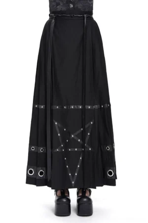 Black pentagram gothic maxi skirt with metal grommets, front studio view showing pleated fabric and faux leather waist tie
