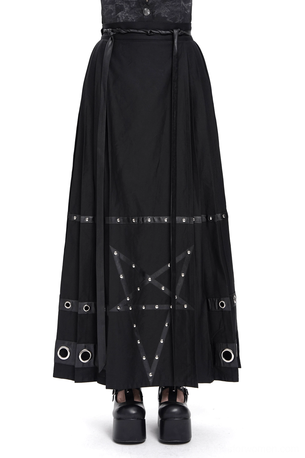 Black pentagram gothic maxi skirt with metal grommets, front studio view showing pleated fabric and faux leather waist tie